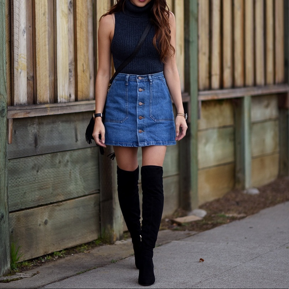 Denim button A-line mini skirt